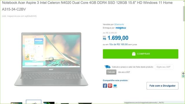 Notebook Acer Aspire 3 Intel Celeron N4020 Dual Core 4GB DDR4 SSD 128GB 15.6" HD Windows 11 Home смотреть онлайн