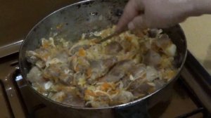Мясо тушеное со свежей и квашеной капустой.