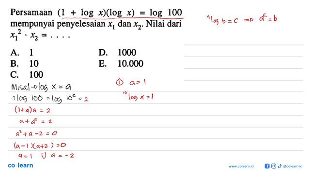 Persamaan (1+log x)(log x) = log 100 mempunyai penyelesaian x1 dan x2. Nilai dari x1^2 . x2 = .... смотреть онлайн