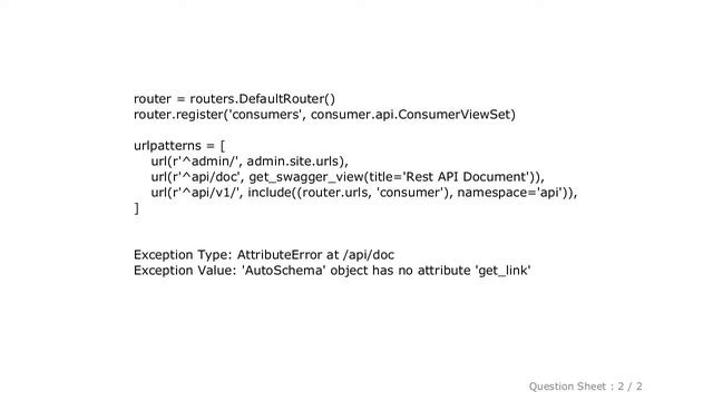 Django : How to fix " AttributeError at /api/doc 'AutoSchema' object has no attribute 'get_link' " смотреть онлайн