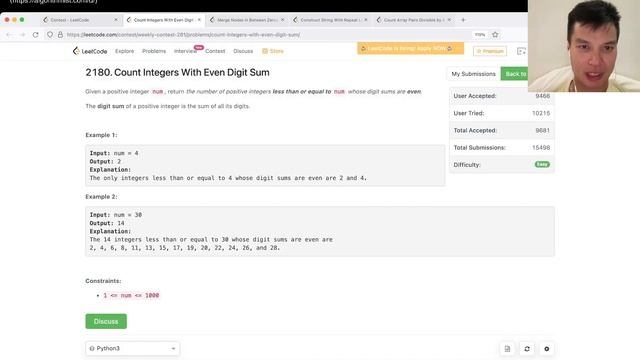 2180. Count Integers With Even Digit Sum (Leetcode Easy) смотреть онлайн
