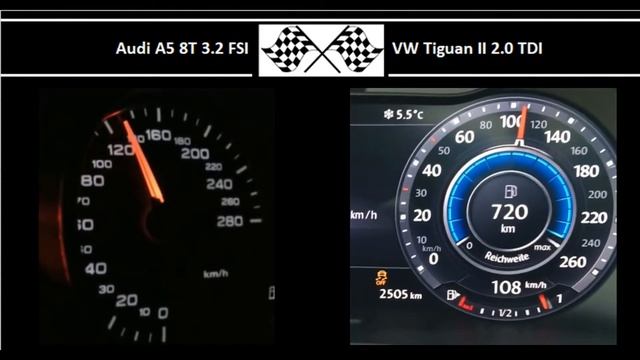 Audi A5 8T 3.2 FSI VS. VW Tiguan II 2.0 TDI - Acceleration 0-100km/h смотреть онлайн