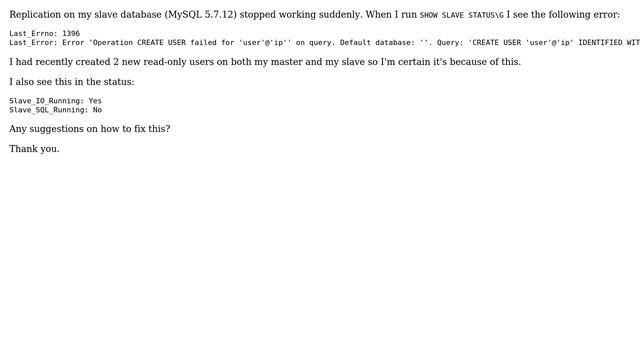 Slave_SQL_Running: No: MySQL replication stopped working смотреть онлайн