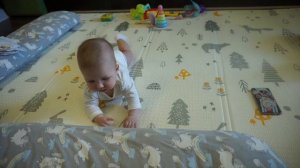 Евочка уверенно ползает по пластунски  и держит себя за подгузник  6 месяцев