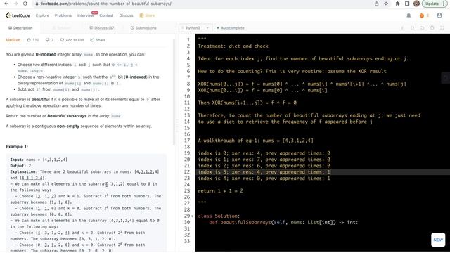 leetcode 2588. Count the Number of Beautiful Subarrays - dict and check смотреть онлайн