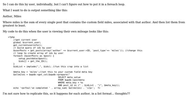 Wordpress: List users by sum of all their posts' custom field values смотреть онлайн