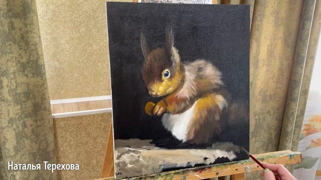 Белочка на черной имприматуре. Холст 45х40, масло смотреть онлайн