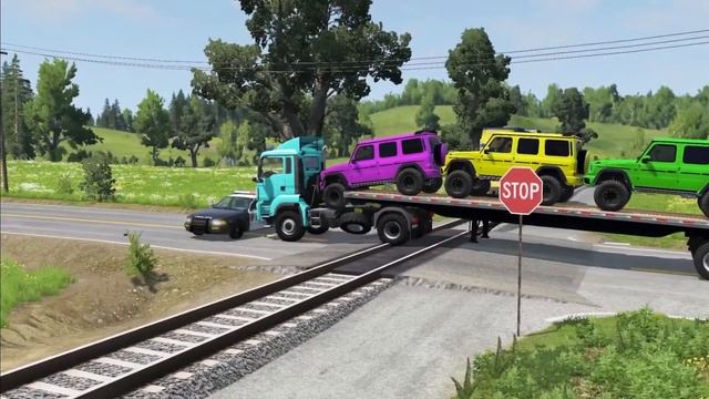 Flatbed Trailer Truck Potholes Transport Car Portal Trap Rescue - Cars vs Speed Bumps - BeamNG.driv смотреть онлайн