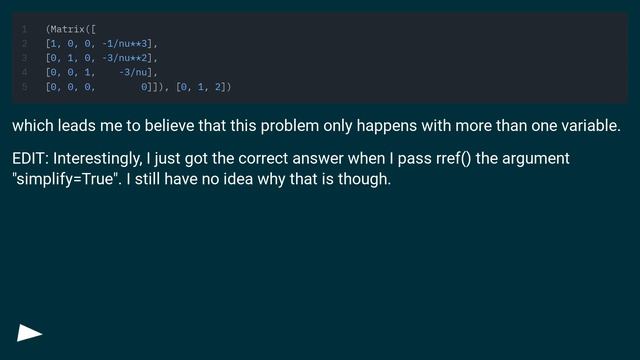 Why does SymPy give me the wrong answer when I row-reduce a symbolic matrix? смотреть онлайн