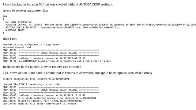 Oracle Secure Backup + Amazon S3 / RMAN-06172: no AUTOBACKUP found смотреть онлайн