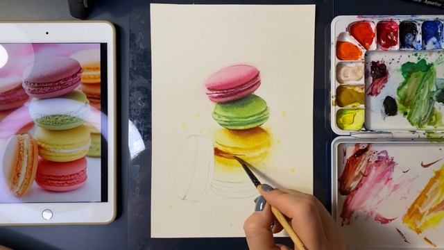 как рисовать акварелью макаруны. макаруны акварелью. нарисовать десерт акварелью смотреть онлайн
