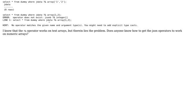 Databases: PostgreSQL, finding elements by value in numeric JSON arrays смотреть онлайн
