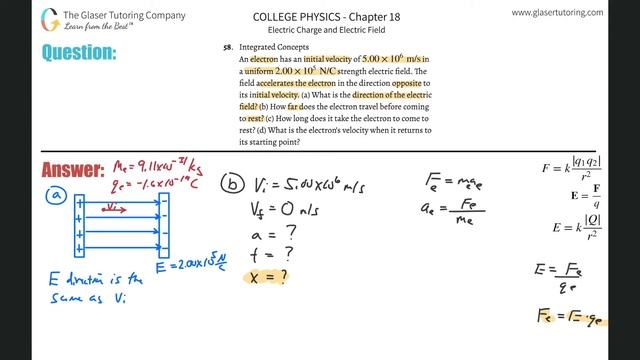 18.58 | An electron has an initial velocity of 5.00×106 m/s in a uniform 2.00×10^5 N/C strength смотреть онлайн