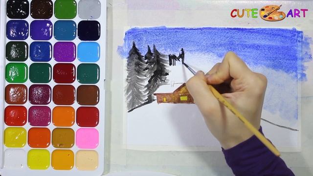 Как нарисовать Пейзаж ЗИМНИЙ КОТТЕДЖ Акварелью смотреть онлайн