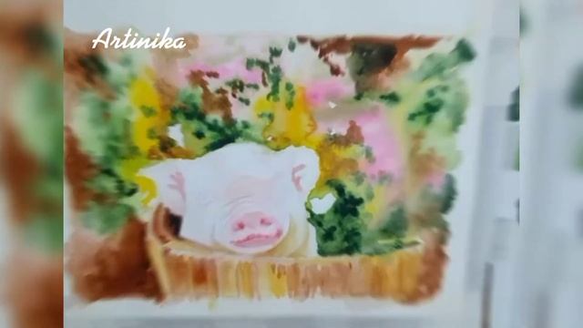 Нарисовать хрюшку/Рисовать поросенка/Поросенок акварелью/Рисовать животных смотреть онлайн