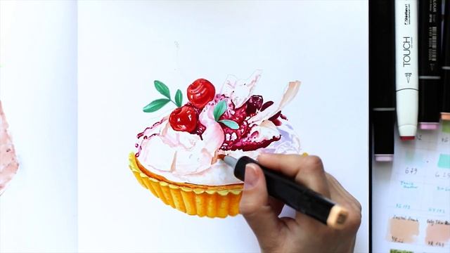 Сладкая тарталетка с итальянской меренгой. Рисунок маркерами. Speed drawing. Art by markers. смотреть онлайн