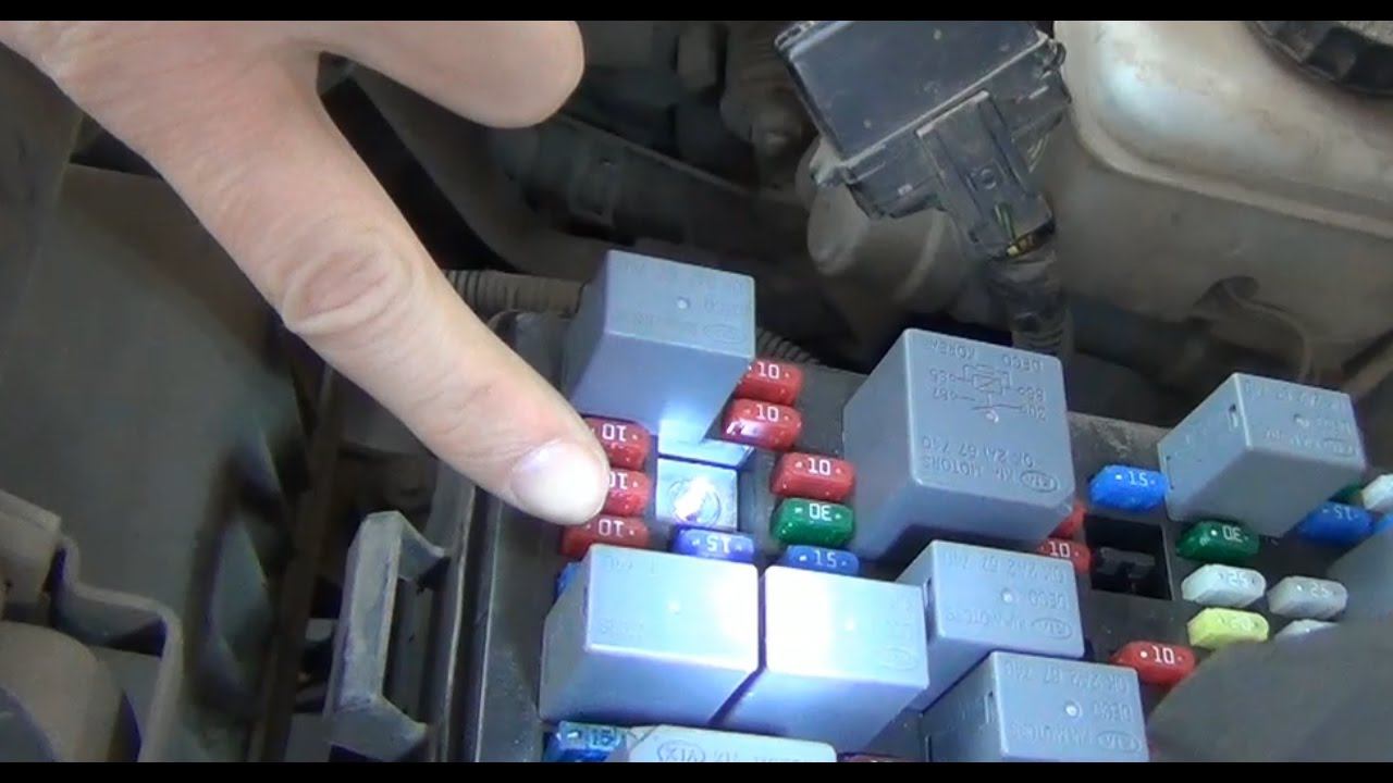 Замена предохранителя левого габаритного огня в монтажном блоке под капотом на KIA - Spectra смотреть онлайн