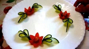 Украшения из овощей. Украшения тарелки. Карвинг помидора, огурца, лимона. Decoration of Vegetables.