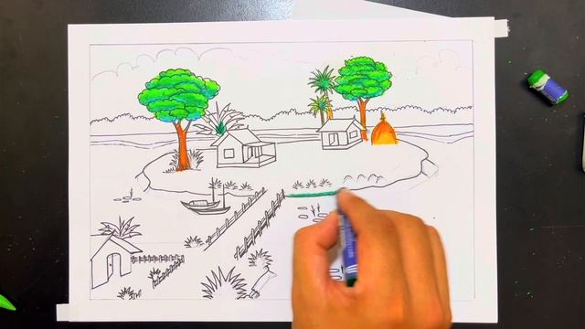 How to draw a village scenery landscape : riverside village смотреть онлайн