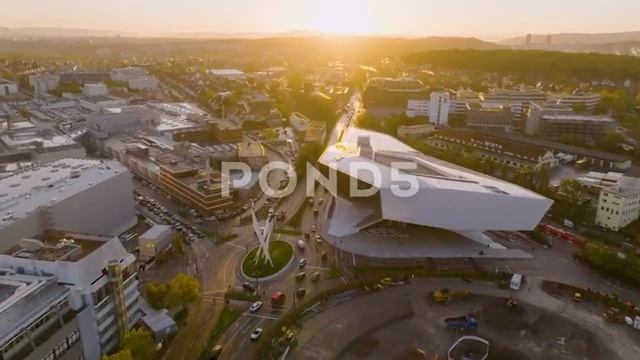 Aerial Flight Porsche Industrial Site & Museum In Stuttgart Germany At Sunrise - 4k Stock Footage смотреть онлайн