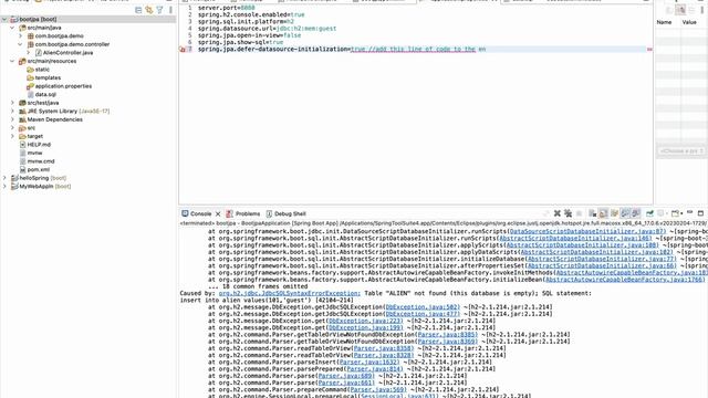 Spring Boot - Error (Table "ALIEN" not found; SQL statement: insert into alien values) смотреть онлайн