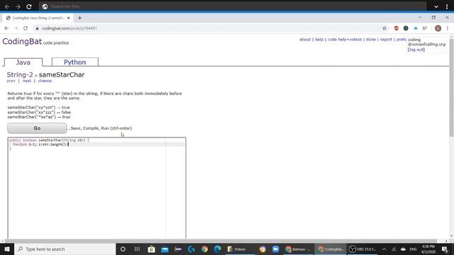 String 2 (sameStarChar) Java Tutorial || Codingbat.com смотреть онлайн