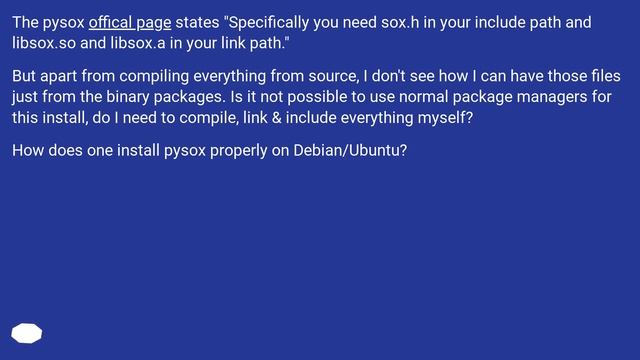 Installing pysox on ubuntu via pip install, cannot resolve sox.h смотреть онлайн