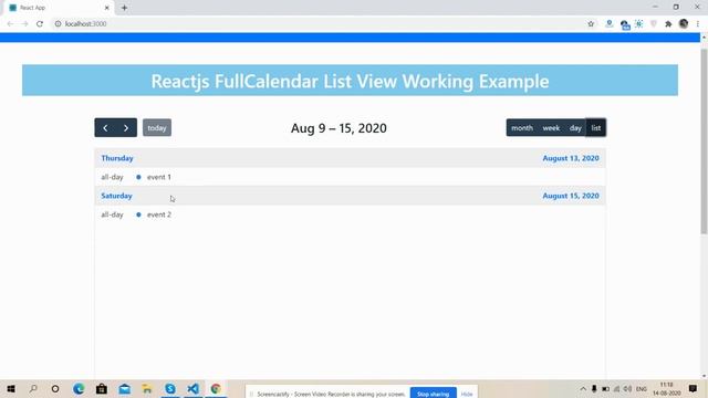 Reactjs FullCalendar Month Week Day List Views Working Example смотреть онлайн