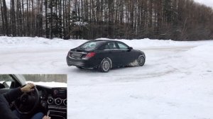 Поведение MERCEDES-BENZ C180 на заднем приводе по заснеженной дороге