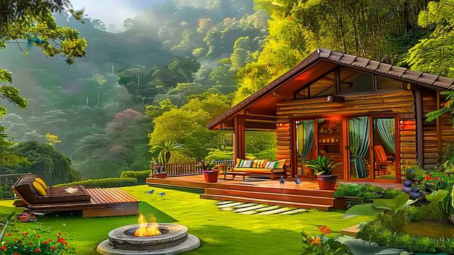 Garden Campus In Morning Calm Mountains Forests   Birds Sound, Crackling Fire - Sleep Deeply, Relax