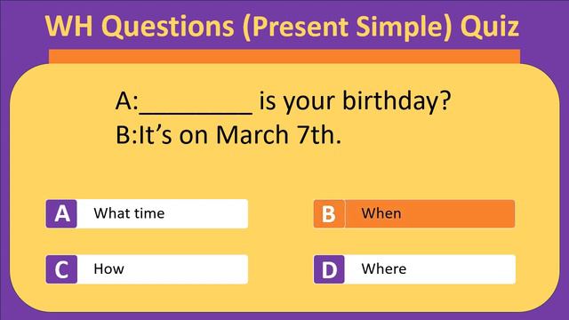 WH Questions Quiz | Present Simple (WH Qs) Test | ESL Quiz