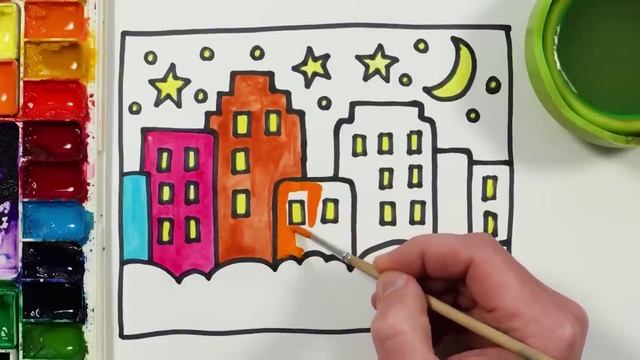 Рисуем ночной город фломастерами. Рисование для детей смотреть онлайн