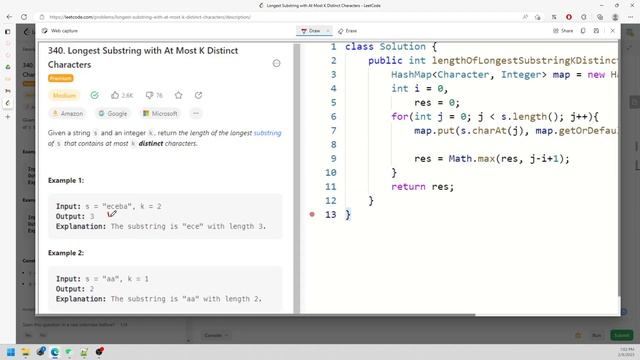 LeetCode 340 | Longest Substring with At Most K Distinct Characters | Sliding Windows | Java смотреть онлайн
