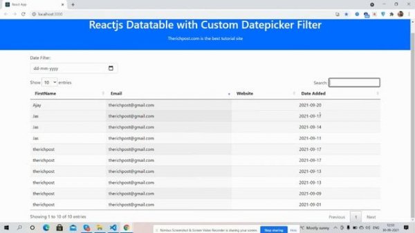 Reactjs Datatable with Custom Datepicker Filter