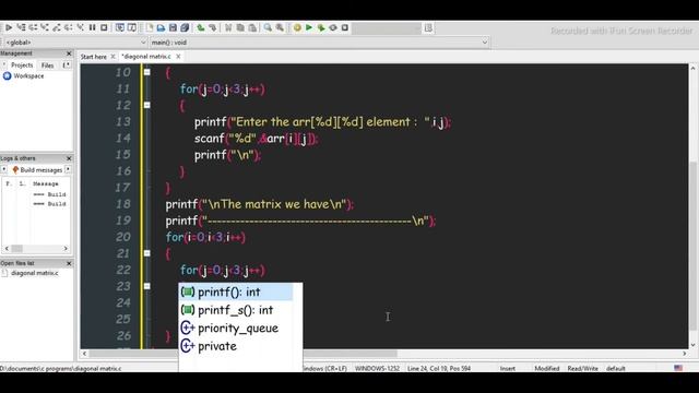 diagonal matrix program in c // c program for diagonal matrix //c program for diagonal sum #coding смотреть онлайн