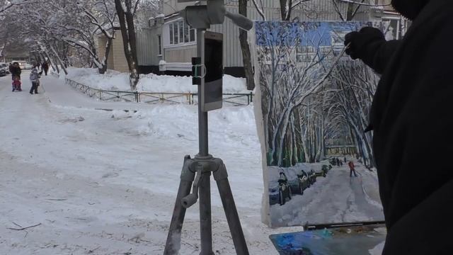 Художник Ревякин, пленэр зимой. Зимний пейзаж маслом. смотреть онлайн
