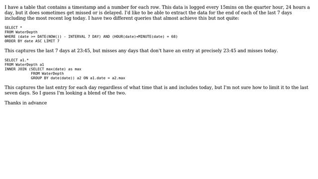 Databases: Mysql query to find last entry for each of the last 7 days смотреть онлайн