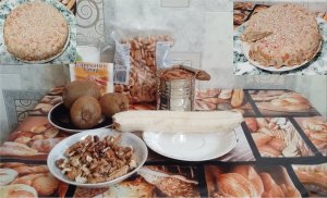 Торт без выпечки с крекером рыбки,сгущенным молоком, сливками,киви,бананом,орехами.