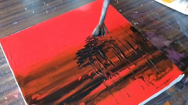 Abstract Painting Demo / Red & Black Landscape / For Beginners / Daily Art Therapy / Day #0167