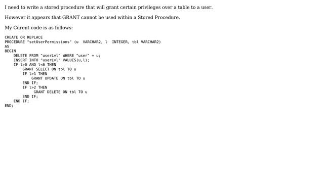 Databases: Oracle 11g XE - Using a stored procedure to grant privileges to a table смотреть онлайн