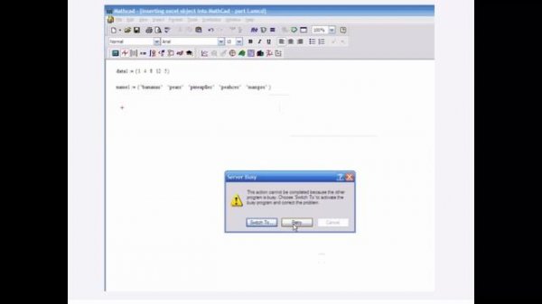 Inserting Excel object into MathCad short version