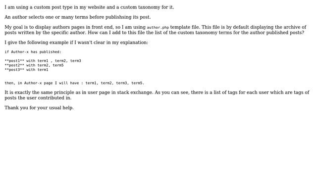 Wordpress: Get the terms of a custom taxonomy for a specific author in author template смотреть онлайн