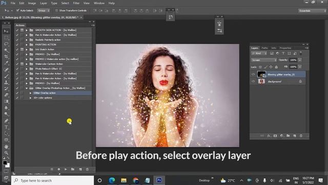 Blowing glitter Overlay Photoshop Action Tutorial смотреть онлайн