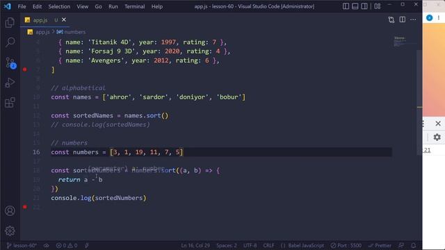 062. Array Sort Method | JavaScript darslari | O'zbek tilida | JavaScript Amaliyot смотреть онлайн