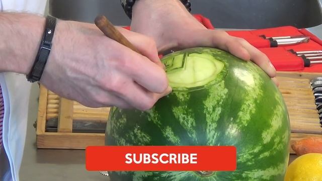 #203 How to carve a watermelon with logo, rose & leaf - carving garnish lessons смотреть онлайн