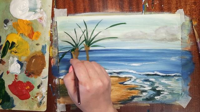 Как нарисовать пальму гуашью. Как нарисовать морской пейзаж легко. Как нарисовать лето красками. смотреть онлайн