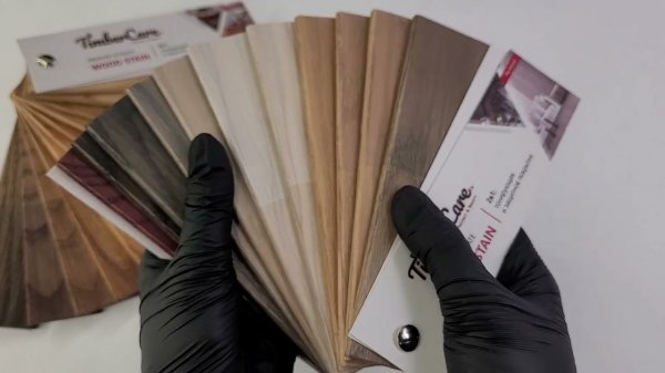 TIMBERCARE Wood Stain палитра 24 цвета,  сравнение оттенков в 1 и 2 слоя