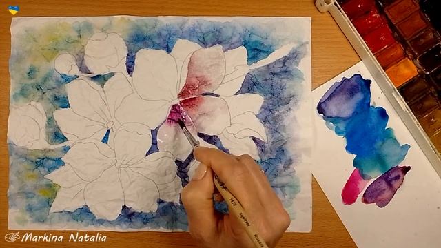 РИСУЕМ на МЯТОЙ БУМАГЕ или КРАКЕЛЮР своими руками | пишем АКВАРЕЛЬЮ цветущую веточку ВИШНИ | смотреть онлайн