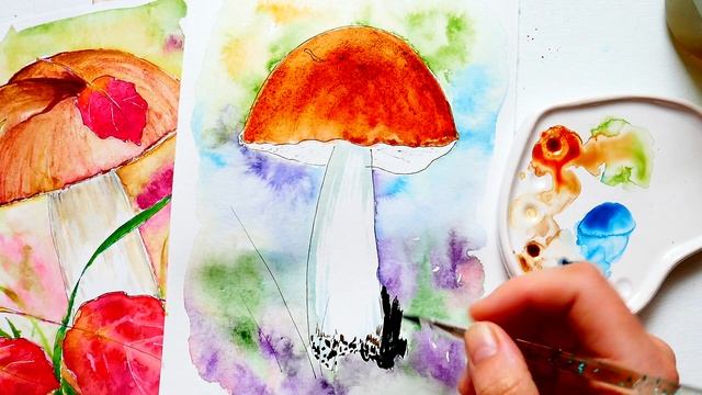 Fall project! Watercolor painting Mushroom. Fall Illustration смотреть онлайн