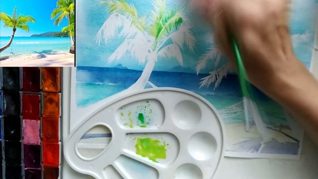 Мальдивы.Пальмы.Море.Песок | Как нарисовать море и пальмы акварелью #какнарисовать #мальдивы смотреть онлайн